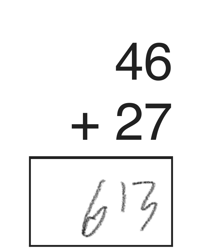 46 plus 27 answered 613 in pencil: each column added, the ten never carried.