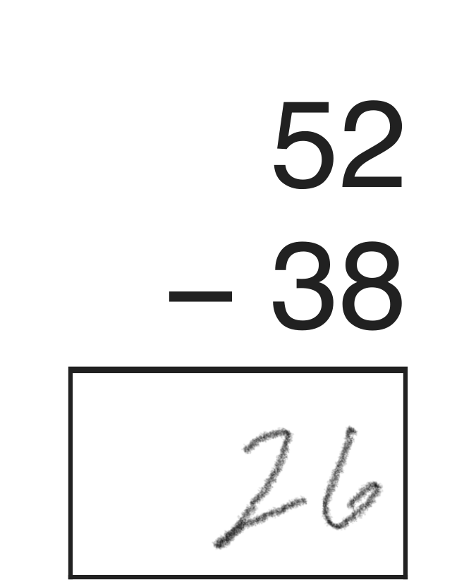 52 minus 38 written in pencil with the answer 26, the result of subtracting the smaller digit from the bigger one.